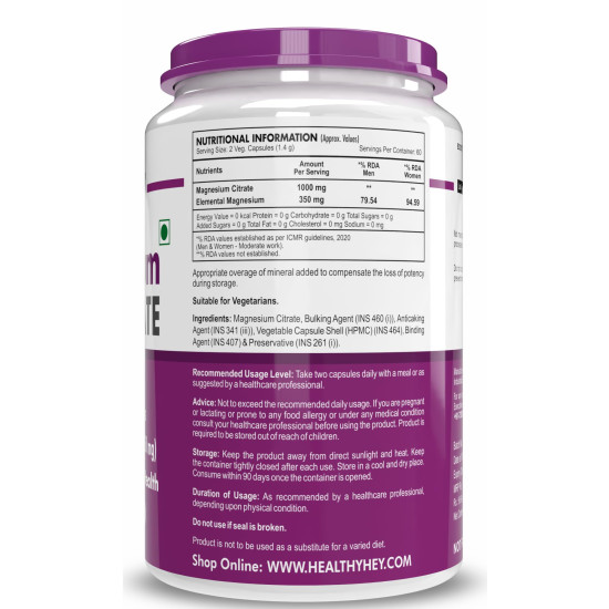 HealthyHey Nutrition Magnesium Citrate-120 Vegetable Capsules