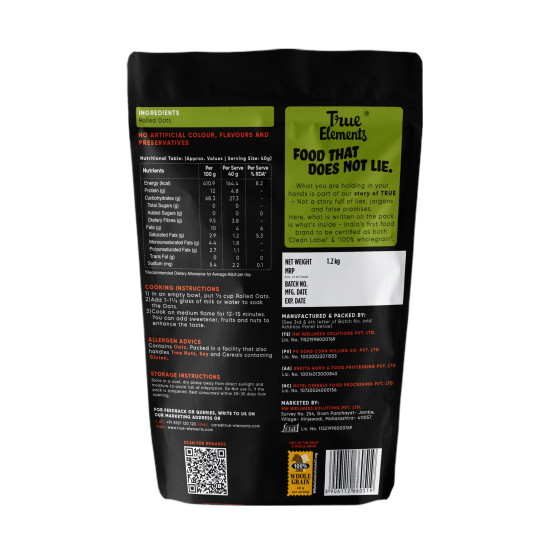 True Elements Rolled Oats 1.2kg - Monthly pack | Wholegrain High Fibre, High protein Oats | Keeps You Fuller Longer | Perfect for overnight oats, smoothies & baking True Elements Rolled Oats 1.2kg - Monthly pack | Wholegrain High Fibre, High protein Oats | Keeps You Fuller Longer | Perfect for overnight oats, smoothies & baking