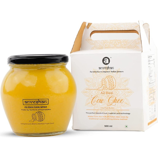 Anveshan A2 Cow Ghee 500 ml | Glass Jar | Bilona Method | Curd-Churned |Pure, Natural & Healthy | Lab Tested.