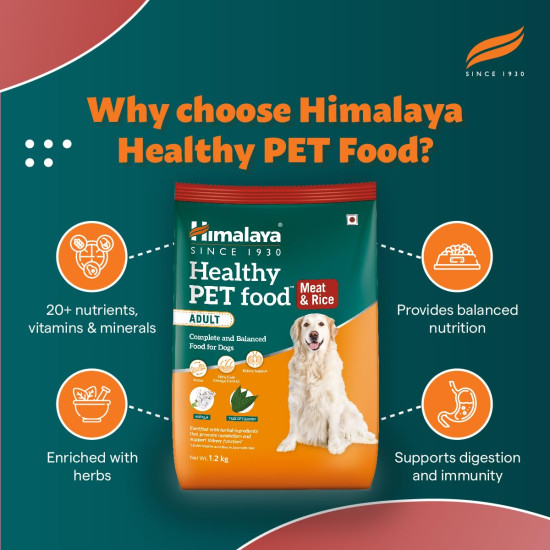 Himalaya Healthy PET Food for Adult Dogs | Meat & Rice | 1.2kg | Complete & Balanced Nutrition with Mountain Knot Grass, Tree of Heaven & Guduchi