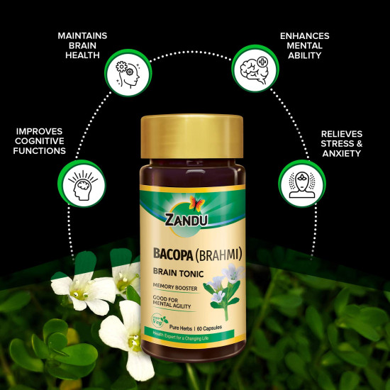 Zandu Bacopa (Brahmi) Capsules: An Age Old Ayurvedic Remedy Made Using Natural Extracts of Brahmi| Helps Improve Focus & Learning- 60 Veg capsules