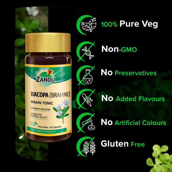 Zandu Bacopa (Brahmi) Capsules: An Age Old Ayurvedic Remedy Made Using Natural Extracts of Brahmi| Helps Improve Focus & Learning- 60 Veg capsules