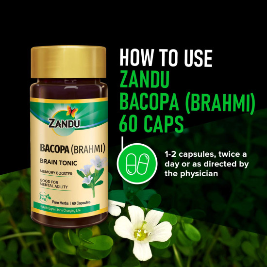 Zandu Bacopa (Brahmi) Capsules: An Age Old Ayurvedic Remedy Made Using Natural Extracts of Brahmi| Helps Improve Focus & Learning- 60 Veg capsules