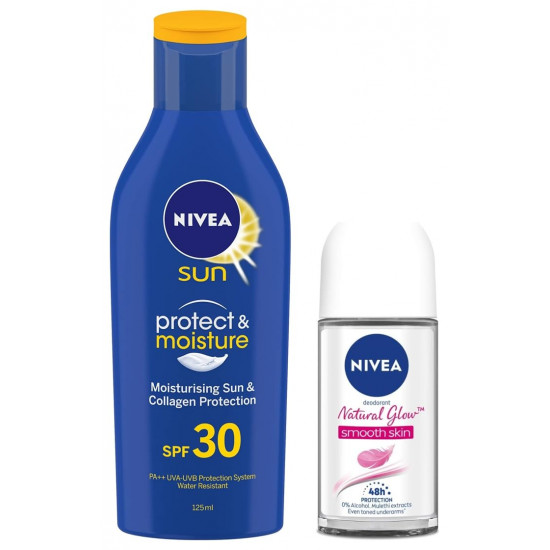 Nivea Deodorant Roll On, Whitening Smooth Skin For Women, 50ml & Sun, Moisturising Lotion, SPF 30, 125ml