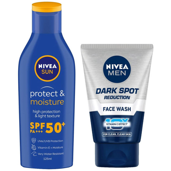 Nivea Men Face Wash, Dark Spot Reduction, 100g & Sun, Moisturising Lotion, SPF 50, 125ml