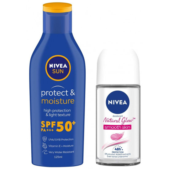 Nivea Deodorant Roll On, Whitening Smooth Skin For Women, 50ml & Sun, Moisturising Lotion, SPF 50, 125ml