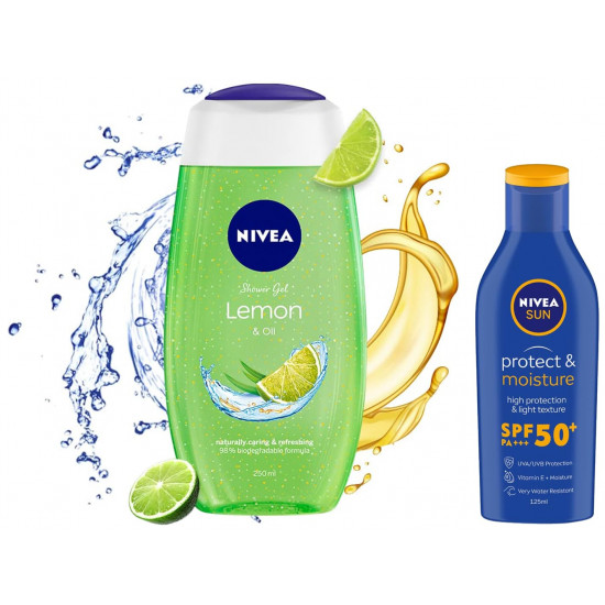 NIVEA Shower Gel, Lemon & Oil Body Wash, Women, 250ml And NIVEA Sun, Moisturising Lotion, SPF 50, 125ml