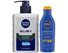 Nivea Men Face Wash, Oil Control, 10x Vitamin C, 150ml & Sun, Moisturising Lotion, SPF 50, 125ml
