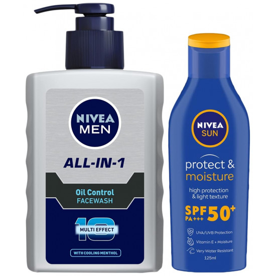 Nivea Men Face Wash, Oil Control, 10x Vitamin C, 150ml & Sun, Moisturising Lotion, SPF 50, 125ml