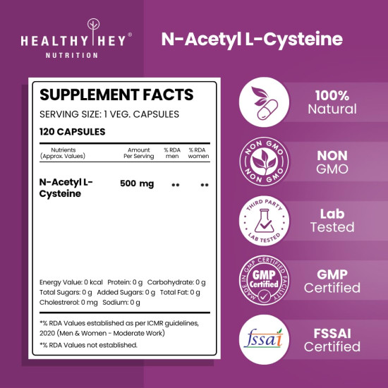 Healthyhey Nutrition N-Acetyl L-Cysteine (NAC) - Non-GMO - Gluten Free -Pack of 120 Veg. Capsules