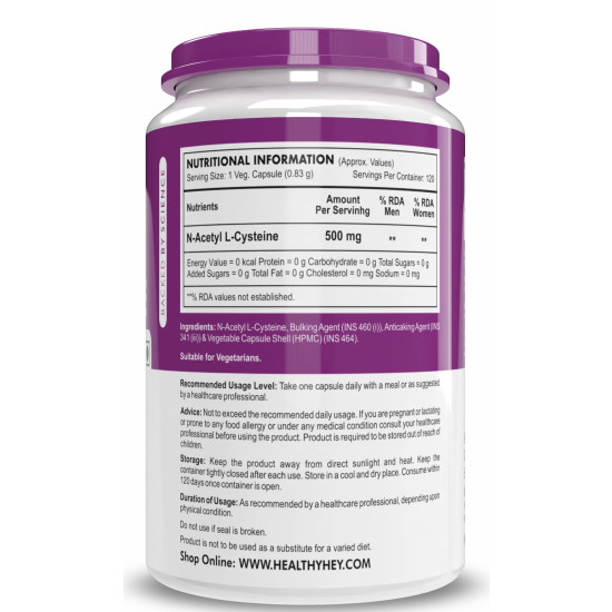 Healthyhey Nutrition N-Acetyl L-Cysteine (NAC) - Non-GMO - Gluten Free -Pack of 120 Veg. Capsules