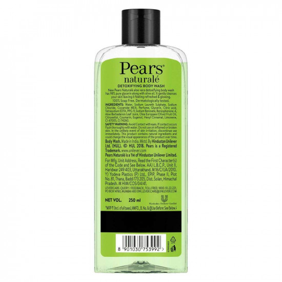 Pears Naturale Detoxifying Aloe Vera Body Wash 250 ml, 100% Natural Ingredients, Liquid Shower Gel with Olive Oil for Glowing Skin - Paraben Free