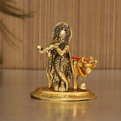 Collectible India Lord Cow Krishna Idol Statue murti Krishan with Kamdhenu Hindu God Religious Showpiece (Set of 1)