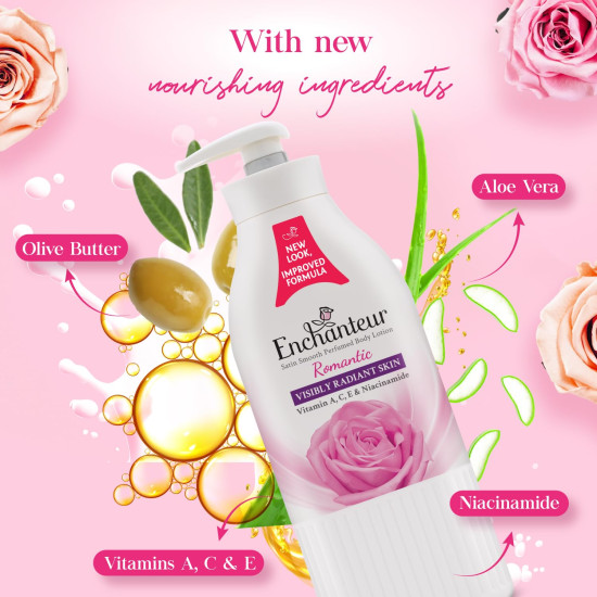 Enchanteur Romantic Perfumed Body Lotion, 500ml | With Vitamin A, C, E & Niacinamide | Fast Absorbing, Hydrating, Water Based, Non-Greasy, Floral French Fragrance for Silky Smooth Skin Enchanteur Romantic Perfumed Body Lotion, 500ml | With Vitamin A, C, E & Niacinamide | Fast Absorbing, Hydrating, Water Based, Non-Greasy, Floral French Fragrance for Silky Smooth Skin