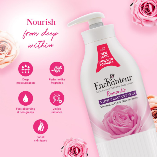 Enchanteur Romantic Perfumed Body Lotion, 500ml | With Vitamin A, C, E & Niacinamide | Fast Absorbing, Hydrating, Water Based, Non-Greasy, Floral French Fragrance for Silky Smooth Skin Enchanteur Romantic Perfumed Body Lotion, 500ml | With Vitamin A, C, E & Niacinamide | Fast Absorbing, Hydrating, Water Based, Non-Greasy, Floral French Fragrance for Silky Smooth Skin