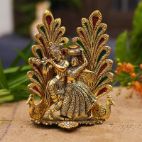 Collectible India Peacock Design Radha Krishna Idol Showpiece with Diya for Puja and Home Decor (7 x 5 Inches), Metal, Gold (1 Piece)