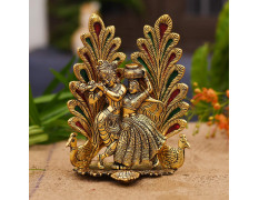 Collectible India Peacock Design Radha Krishna Idol Showpiece with Diya for Puja and Home Decor (7 x 5 Inches), Metal, Gold (1 Piece)
