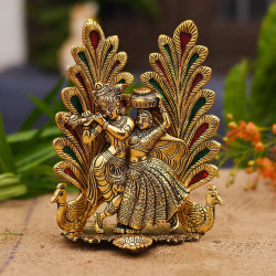 Collectible India Peacock Design Radha Krishna Idol Showpiece with Diya for Puja and Home Decor (7 x 5 Inches), Metal, Gold (1 Piece)