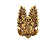 Collectible India Peacock Design Radha Krishna Idol Showpiece with Diya for Puja and Home Decor (7 x 5 Inches), Metal, Gold (1 Piece)