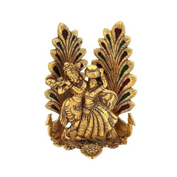 Collectible India Peacock Design Radha Krishna Idol Showpiece with Diya for Puja and Home Decor (7 x 5 Inches), Metal, Gold (1 Piece)
