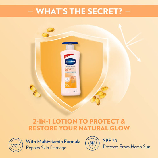 Vaseline Healthy Bright, Sun + Pollution Protection Daily Moisturizer, 400ml, for Glowing Skin, 2-in-1 Body Lotion with SPF 30, Fast Absorbing and Non-sticky, for Dry Skin, for Men & Women