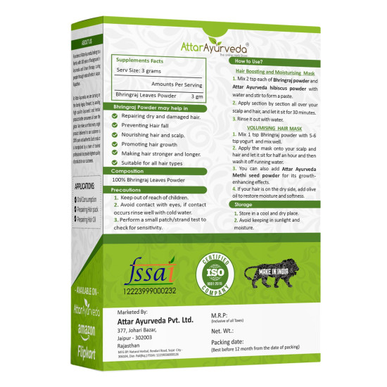 Attar Ayurveda Natural Bhringraj Powder for hair growth (100 Grams) | For Hair Mask and Eating | 100% Pure and Natural | No Chemical, No Preservatives