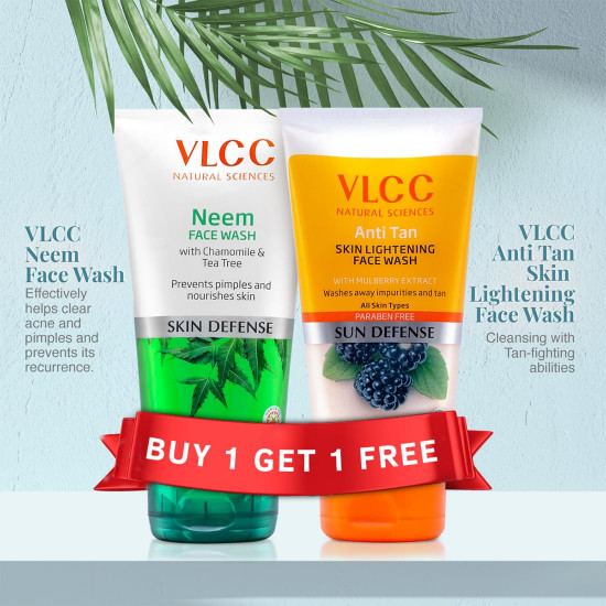VLCC Neem Face Wash & VLCC Anti Tan Face Wash -150ml X 2- Buy One Get One (300ml) - with Neem Extract, Chamomile Oil, Tea Tree Oil and Mulberry Extract.