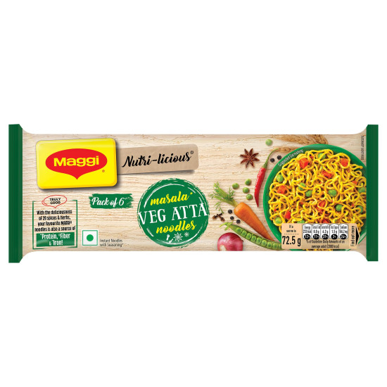 MAGGI Nutri-Licious Veg Atta Masala Noodles, Instant Noodles With 20 Spices & Herbs, Source Of Fibre & Iron, Atta Noodles With Appetizing Aroma & Delicious Taste, 435 Grams