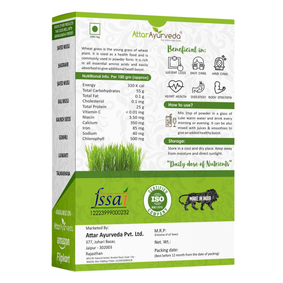 Attar Ayurveda 100% Natural Wheat Grass Powder (100 Gram) | Pure, Preservative free, Non-GMO | Immunity booster, De-Toxifying, Support healthy metabolism Attar Ayurveda 100% Natural Wheat Grass Powder (100 Gram) | Pure, Preservative free, Non-GMO | Immunity booster, De-Toxifying, Support healthy metabolism
