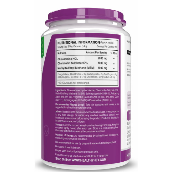 HealthyHey Nutrition Glucosamine Chondroitin and MSM for Cartilage; Joint and Bone, 90 Capsules