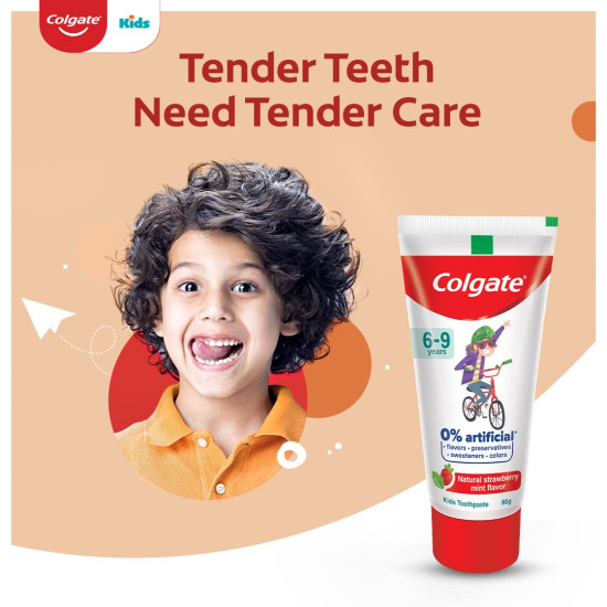 Colgate Kids Toothpaste with 0% Artificial Preservatives, Colours, Sweeteners for Whitening (6-9 Years, Natural Strawberry Mint Flavour - 80g Tube)