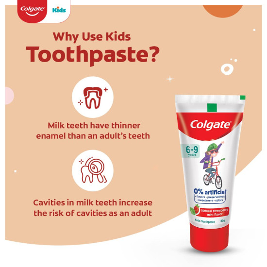 Colgate Kids Toothpaste with 0% Artificial Preservatives, Colours, Sweeteners for Whitening (6-9 Years, Natural Strawberry Mint Flavour - 80g Tube)