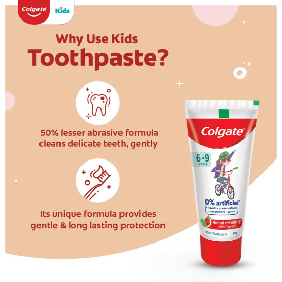 Colgate Kids Toothpaste with 0% Artificial Preservatives, Colours, Sweeteners for Whitening (6-9 Years, Natural Strawberry Mint Flavour - 80g Tube)