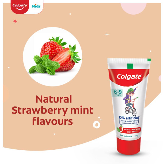 Colgate Kids Toothpaste with 0% Artificial Preservatives, Colours, Sweeteners for Whitening (6-9 Years, Natural Strawberry Mint Flavour - 80g Tube)