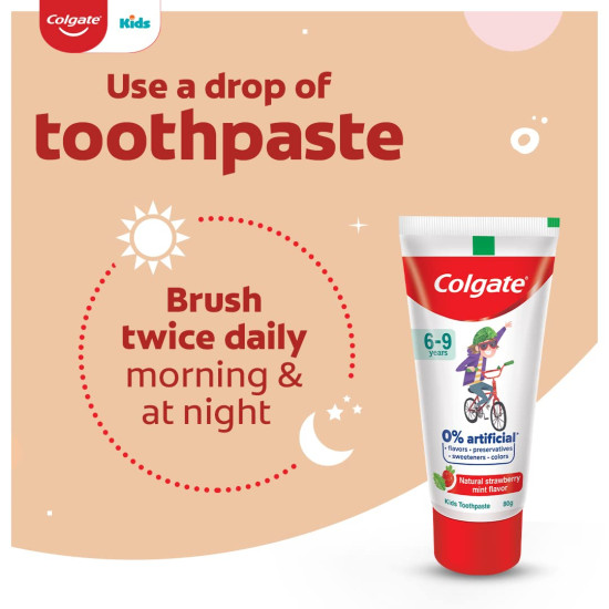 Colgate Kids Toothpaste with 0% Artificial Preservatives, Colours, Sweeteners for Whitening (6-9 Years, Natural Strawberry Mint Flavour - 80g Tube)