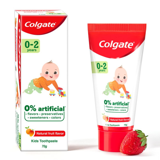 Colgate Enamel Protection Toothpaste for Kids (0-2 years), Natural Fruit Flavour, Fluoride Free,SLS Free - 70g Tube , 0% artificial preservatives, colors or sweetners