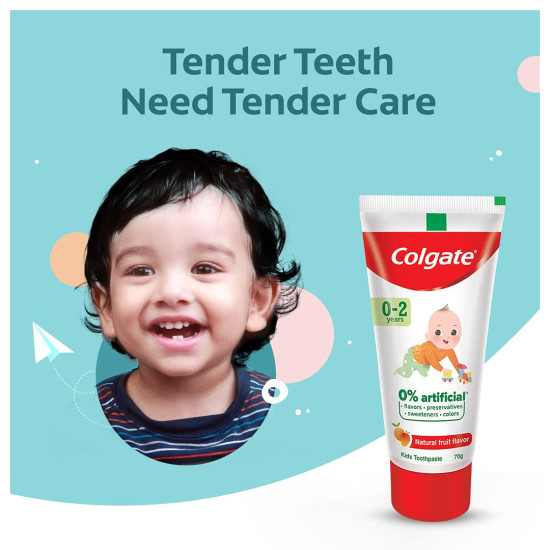 Colgate Enamel Protection Toothpaste for Kids (0-2 years), Natural Fruit Flavour, Fluoride Free,SLS Free - 70g Tube , 0% artificial preservatives, colors or sweetners