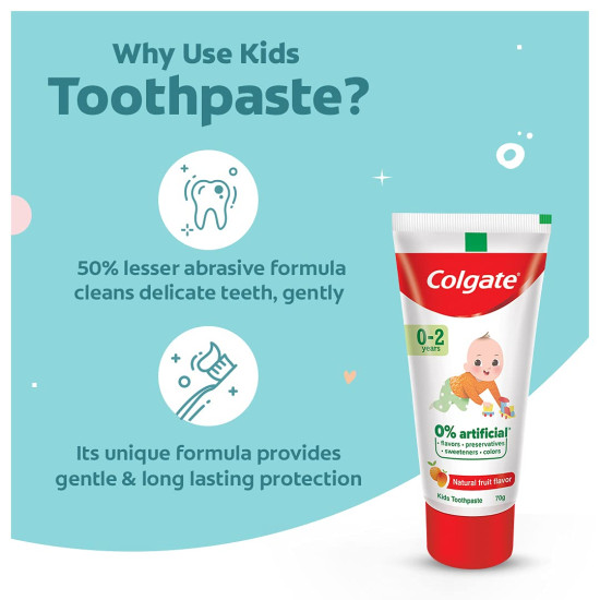 Colgate Enamel Protection Toothpaste for Kids (0-2 years), Natural Fruit Flavour, Fluoride Free,SLS Free - 70g Tube , 0% artificial preservatives, colors or sweetners