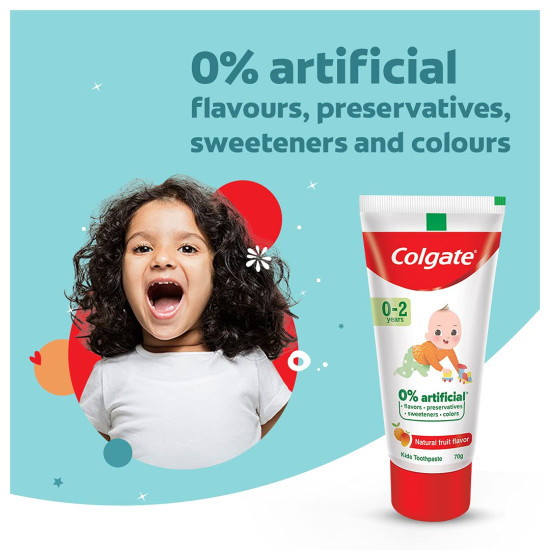 Colgate Enamel Protection Toothpaste for Kids (0-2 years), Natural Fruit Flavour, Fluoride Free,SLS Free - 70g Tube , 0% artificial preservatives, colors or sweetners