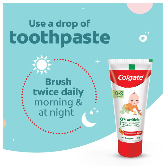 Colgate Enamel Protection Toothpaste for Kids (0-2 years), Natural Fruit Flavour, Fluoride Free,SLS Free - 70g Tube , 0% artificial preservatives, colors or sweetners