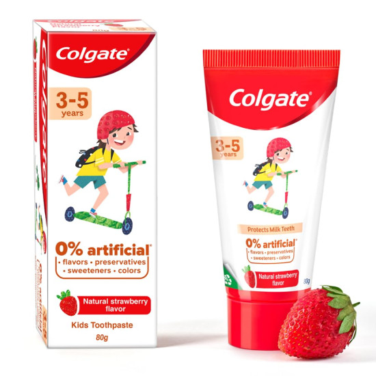 Colgate Toothpaste for Kids (3-5 years), Natural Strawberry Flavour - 80 gr Tube,Cavity Protection,0% artificial preservatives, colors , sweetners