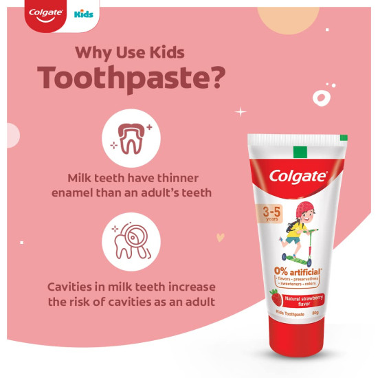 Colgate Toothpaste for Kids (3-5 years), Natural Strawberry Flavour - 80 gr Tube,Cavity Protection,0% artificial preservatives, colors , sweetners