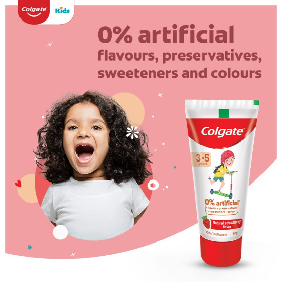 Colgate Toothpaste for Kids (3-5 years), Natural Strawberry Flavour - 80 gr Tube,Cavity Protection,0% artificial preservatives, colors , sweetners