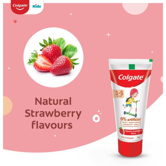 Colgate Toothpaste for Kids (3-5 years), Natural Strawberry Flavour - 80 gr Tube,Cavity Protection,0% artificial preservatives, colors , sweetners