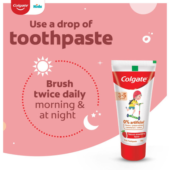 Colgate Toothpaste for Kids (3-5 years), Natural Strawberry Flavour - 80 gr Tube,Cavity Protection,0% artificial preservatives, colors , sweetners