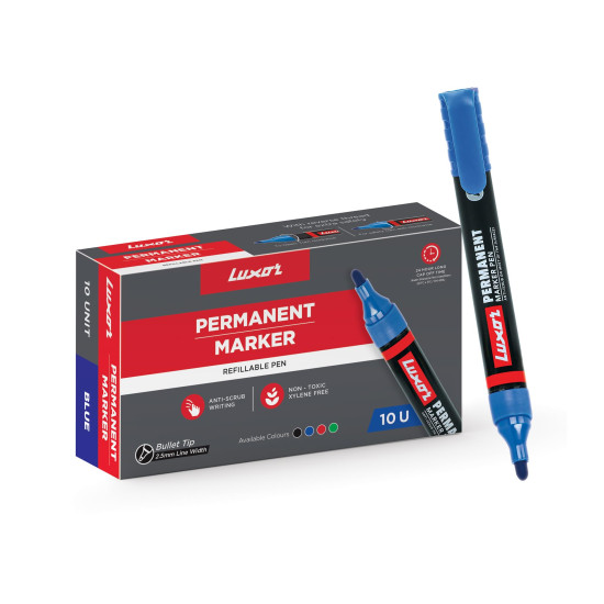 Luxor Refillable Permanent Marker in Brilliant Blue, Pack of 10, Ideal for Clear and Eco-Friendly Marking