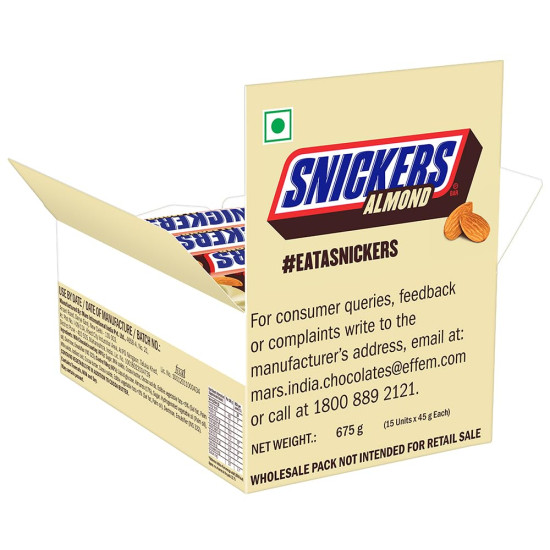 Snickers Almond Filled Chocolates - 45g Bar (Pack of 15)