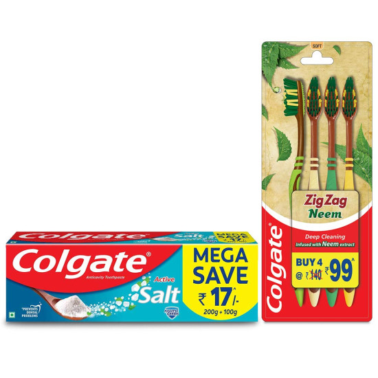 Colgate Toothpaste Active Salt Saver Pack - 300 g with ZigZag Neem Medium Bristle Toothbrush - 4 Pieces