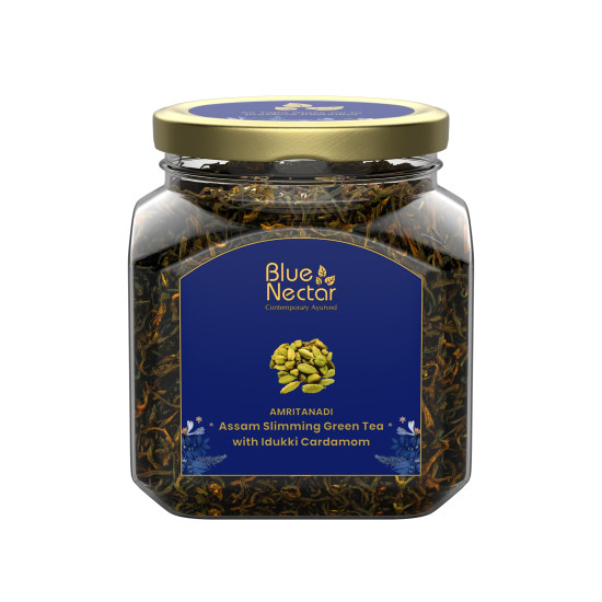 Blue Nectar Green Tea Loose Leaves for Weight Management with Idukki Cardamom | Detox Green Tea Strainer Packed in Eco Friendly Glass Jar (65g)