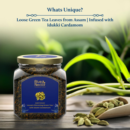 Blue Nectar Green Tea Loose Leaves for Weight Management with Idukki Cardamom | Detox Green Tea Strainer Packed in Eco Friendly Glass Jar (65g)